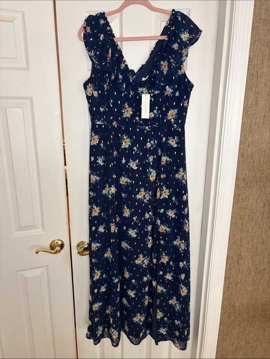 Francesca's Collections Dresses & Skirts - Francesca's Collections Navy Floral Ruffle V-Neck Maxi Dress